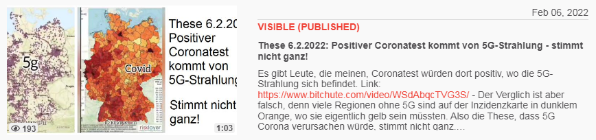Video vom 6.2.2022: These 6.2.2022: Positiver
Coronatest kommt von 5G-Strahlung - stimmt nicht
ganz! Video vom 6.2.2022: These 6.2.2022:
Positiver Coronatest kommt von 5G-Strahlung - stimmt
nicht ganz!