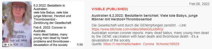 Video vom 6.2.2022: Australien 6.2.2022:
Bestatterin berichtet: Viele tote Babys, junge Männer
mit Herztod+Thrombosentod Die Gesellschaft wird durch
die GENimpfungen zerstört. Video vom 6.2.2022:
Australien 6.2.2022: Bestatterin berichtet: Viele tote
Babys, junge Männer mit Herztod+Thrombosentod Die
Gesellschaft wird durch die GENimpfungen zerstört.
