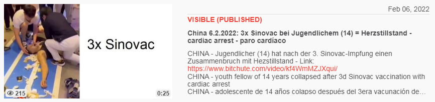 Video vom 6.2.2022: China 6.2.2022: 3x Sinovac
bei Jugendlichem (14) = Herzstillstand - cardiac
arrest - paro cardíaco Video vom 6.2.2022: China
6.2.2022: 3x Sinovac bei Jugendlichem (14) =
Herzstillstand - cardiac arrest - paro cardíaco