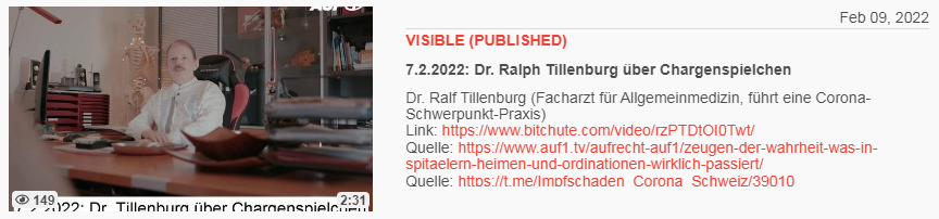 Video vom 9.2.2022: 7.2.2022: Dr. Ralph
Tillenburg über Chargenspielchen Video vom
9.2.2022: 7.2.2022: Dr. Ralph Tillenburg über
Chargenspielchen