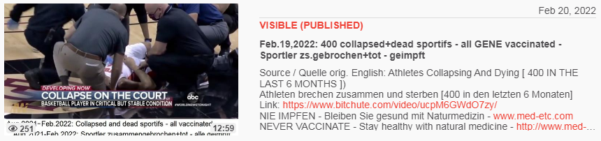Zahlen: Video 20.2.2022: Feb.19,2022: 400
collapsed+dead sportifs - all GENE vaccinated -
Sportler zs.gebrochen+tot - geimpft Zahlen:
Video 20.2.2022: Feb.19,2022: 400 collapsed+dead
sportifs - all GENE vaccinated - Sportler
zs.gebrochen+tot - geimpft
