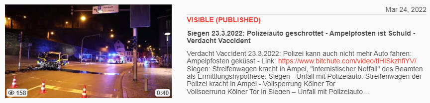 Video vom 24.3.2022: Siegen 23.3.2022:
Polizeiauto geschrottet - Ampelpfosten ist Schuld -
Verdacht Vaccident Video vom 24.3.2022: Siegen
23.3.2022: Polizeiauto geschrottet - Ampelpfosten ist
Schuld - Verdacht Vaccident