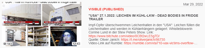 Video 29.1.2022: "USA" 27.1.2022:
LEICHEN IM KÜHL-LKW - DEAD BODIES IN FRIDGE TRAILER Video 29.1.2022: "USA" 27.1.2022:
LEICHEN IM KÜHL-LKW - DEAD BODIES IN FRIDGE TRAILER