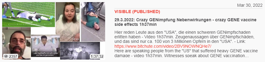 Video vom 30.3.2022: 29.3.2022: Crazy
GENimpfung Nebenwirkungen - crazy GENE vaccine side
effects 1h37min Video vom 30.3.2022: 29.3.2022:
Crazy GENimpfung Nebenwirkungen - crazy GENE vaccine
side effects 1h37min
